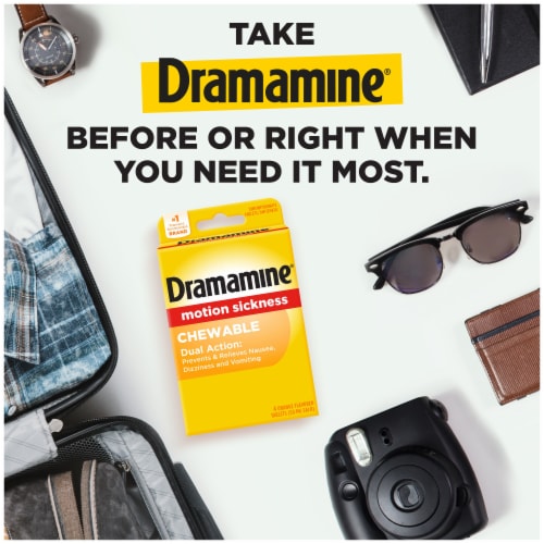 Dramamine Motion Sickness Orange Flavored Chewable Tablets Perspective: left