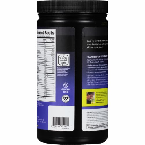 Vega Sport Plant-Based Recovery Accelerator Tropical Powder Perspective: left