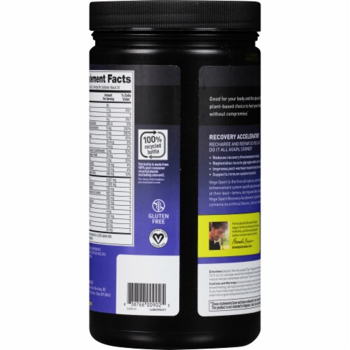 Vega Sport Plant-Based Recovery Accelerator Tropical Powder Perspective: left
