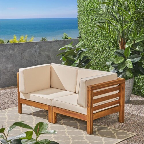Noble House Oana Outdoor Modular Loveseat Teak Blue 1 Kroger