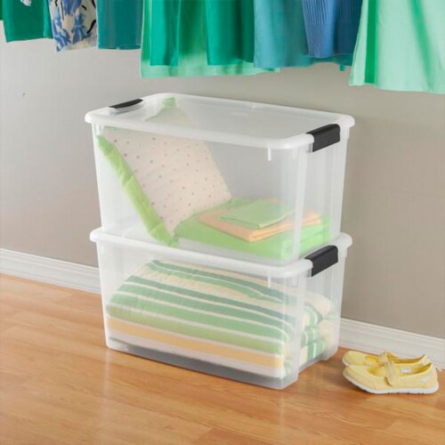 Sterilite 70 Quart Ultra Storage Container Box (4 Pack) & 6 Quart Tote (12 Pack) Perspective: left