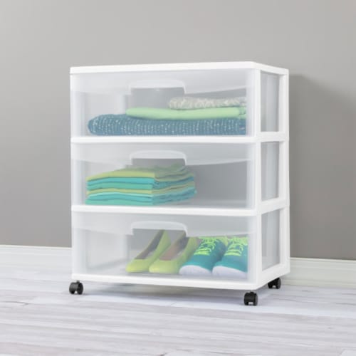 Sterilite At Home 3 Drawer Wide Storage Cart Container with Casters (4 Pack) Perspective: left