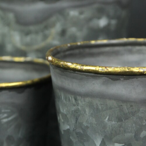 Set of 3 Galvanized Zinc Finish Primitive Buckets Hand Painted Metallic Gold Rims Perspective: left