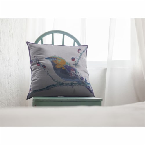 Perched Robin Double Sided Suede Pillow, Zippered, Purple On White Perspective: left