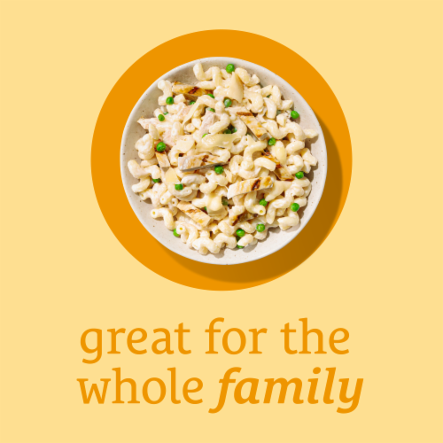 Home Chef Heat & Eat Family Meals Chicken Alfredo with Cavatappi Pasta and Peas Perspective: left