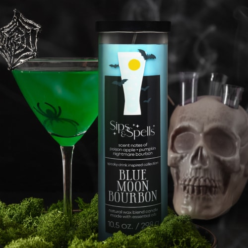 House of Velas Halloween Jar Candle Blue Moon Bourbon Perspective: left