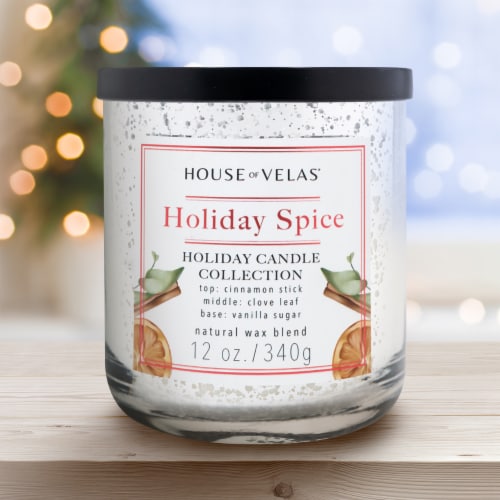 House of Velas Christmas Metallic Jar Candle Holiday Spice Perspective: left