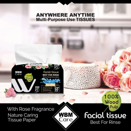 WBM Care Facial Tissue, Ultra Soft & Fragrant, Rose, 2-Ply | 200 Sheets/Box, Pack of 18 Perspective: left