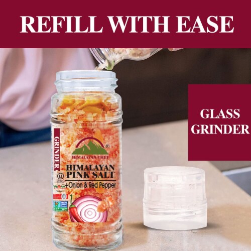 Himalayan Chef Salt & Pepper Grinder Variety Pack (Pink Salt, Black Peppercorn, Onion Salt, G Perspective: left