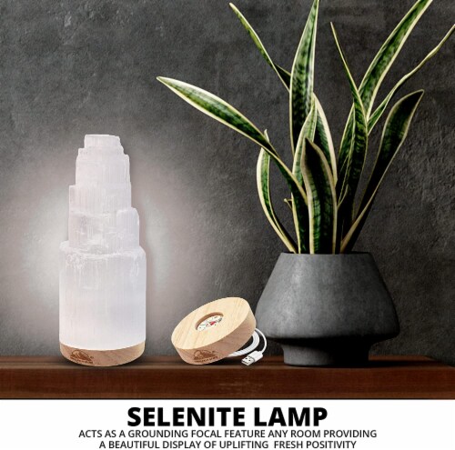 Selenite Crystal Lamp, Includes Wooden Base, USB Cable & LED Light - 8 inch Perspective: left