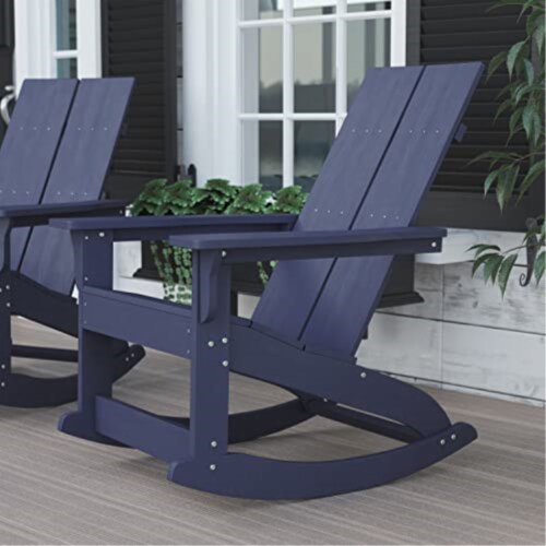 Poly Resin Wood Rocking Adirondack Chair In Navy Perspective: left