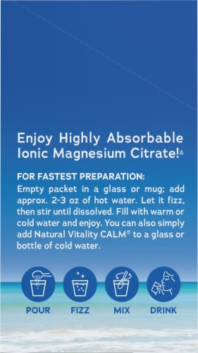 Natural Vitality CALM Magnesium Citrate Relaxing Drink Mix 30 Stick Packets Perspective: left