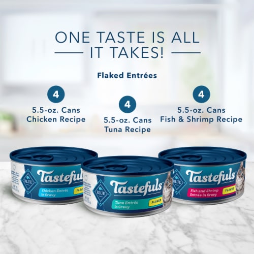 Blue Buffalo Tastefuls Natural Tuna Chicken and Fish & Shrimp Flaked Wet Cat Food Variety Pack Perspective: left