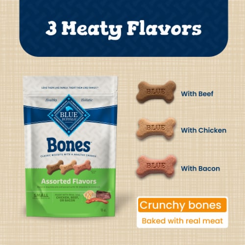 Blue Buffalo Bones Natural Beef Chicken or Bacon Crunchy Dog Treats Small Dog Biscuits Perspective: left