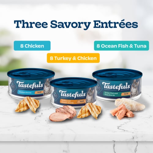 Blue Buffalo Tastefuls Natural Adult Pate Wet Cat Food Variety Pack Turkey Ocean Fish & Tuna Chicken Perspective: left
