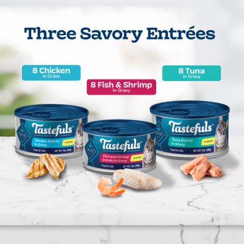 Blue Buffalo Tastefuls Natural Adult Flaked Wet Cat Food Variety Pack Tuna Fish & Shrimp Chicken Perspective: left