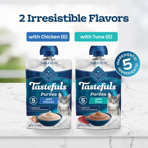 Blue Buffalo Tastefuls Purees Natural Wet Cat Food Complement Pouches Chicken & Tuna Perspective: left