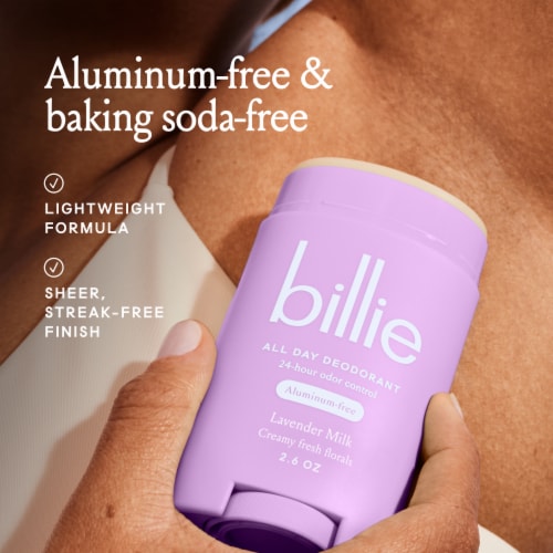 Billie All Day Deodorant for Women Lavender Milk Scent 24-hour Odor Protection Aluminum-Free Perspective: left