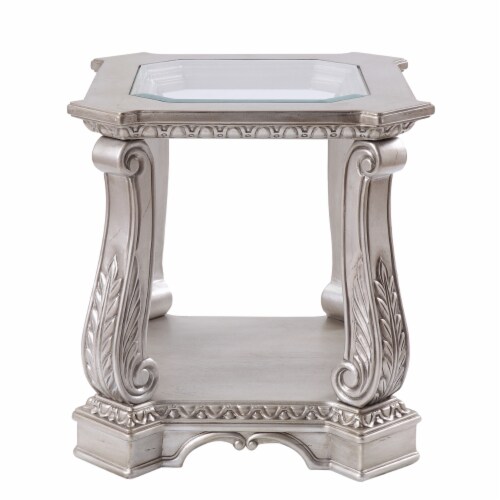 Antique Wooden End Table with Polyresin Engravings and Glass Top, Silver and Clear- Saltoro Perspective: left