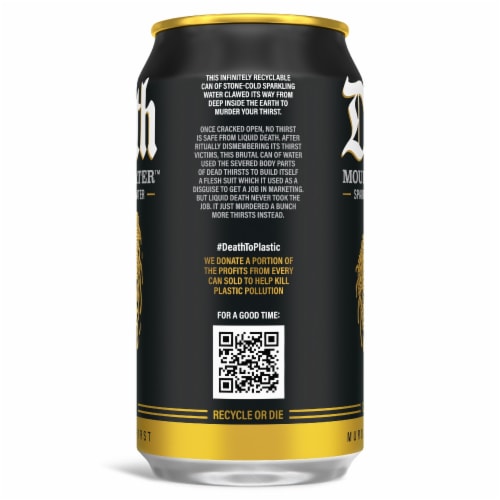 Liquid Death, Sparkling Mountain Water, Real Mountain Source, 100% American Made Perspective: left