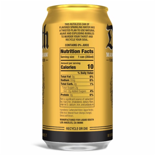 Liquid Death, Mango Chainsaw, Mango-Flavored Sparkling Water Perspective: left