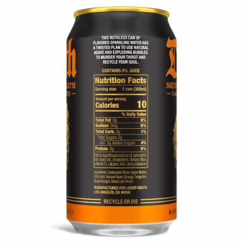 Liquid Death, Squeezed to Death, Orange-Flavored Sparkling Water Perspective: left
