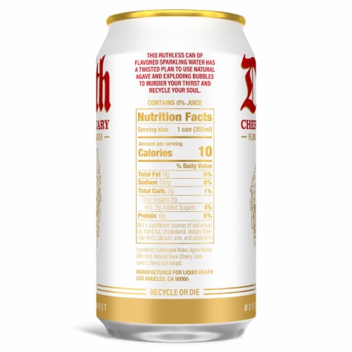 Liquid Death, Cherry Obituary, Cherry-Flavored Sparkling Water Perspective: left