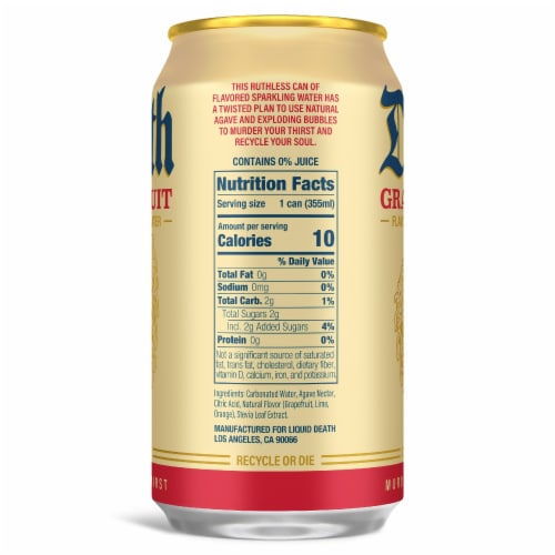Liquid Death, Grave Fruit, Grapefruit-Flavored Sparkling Water Perspective: left