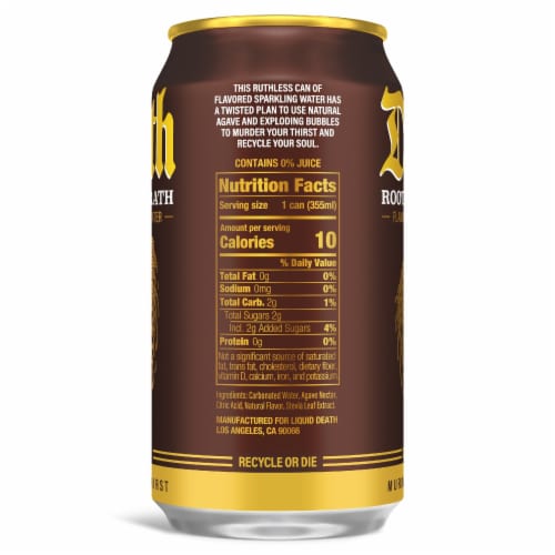 Liquid Death Rootbeer Wrath Sparkling Water Cans Perspective: left