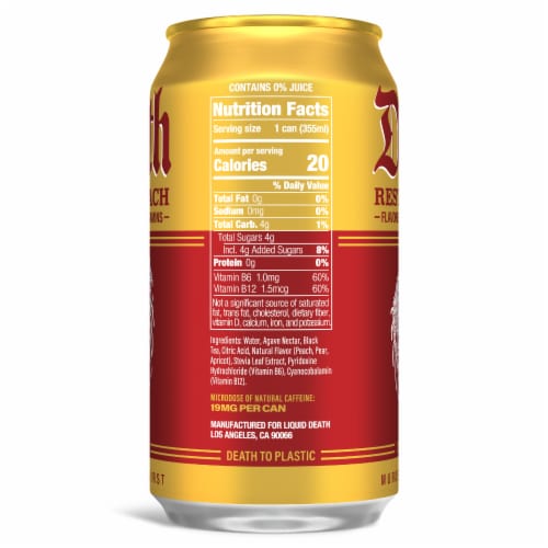 Liquid Death, Rest in Peach Iced Tea, Peach Flavored Back Tea Perspective: left