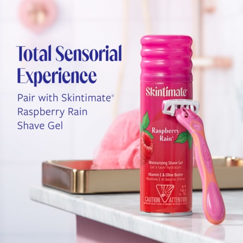 Skintimate Four-Blade Raspberry Rain Disposable Razors Perspective: left