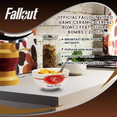 OFFICIAL Fallout Video Game Ceramic Cereal Bowl | Feat. Sugar Bombs | 20 Oz. Perspective: left