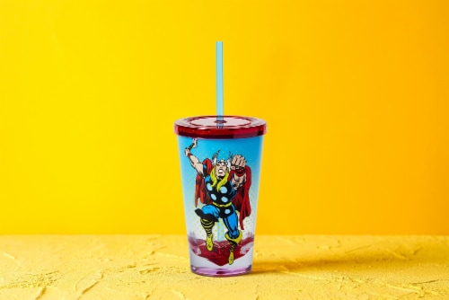 Marvel Thor God Of Thunder Plastic Tumbler Cup Lid & Straw | Holds 19 Ounces Perspective: left