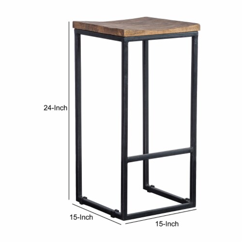 Iron Base Counter Height Stool with Wooden Saddle Seat, Brown and Black- Saltoro Sherpi Perspective: left