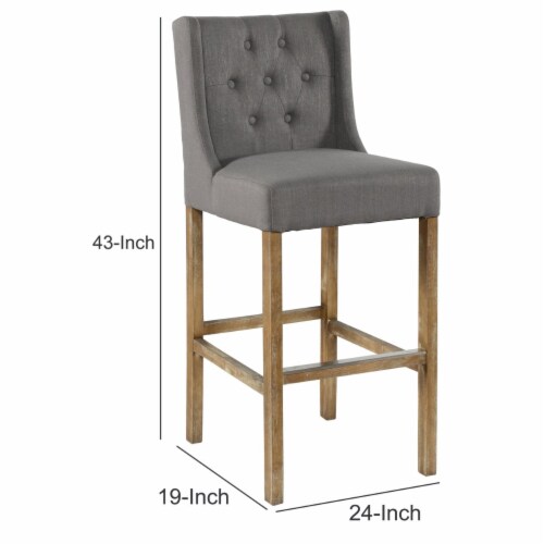 Wooden Barstool with Padded Seat, Button Tufted, Wing Back, Set of 2, Gray and Brown- Saltoro Perspective: left