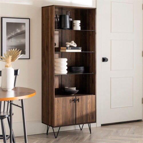 Walker Edison Mid Century 68 Engineered Wood Tall Curio Cabinet in
