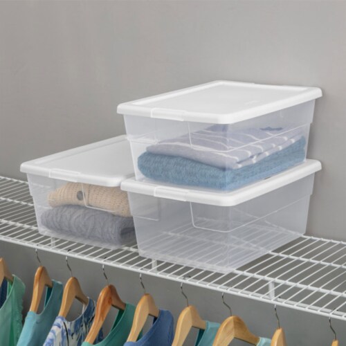 Sterilite 6 Qt Storage Box, Stackable Bin with Lid, Plastic Container to  Organize Shoes and Crafts on Closet Shelves, Clear with White Lid, 12-pack