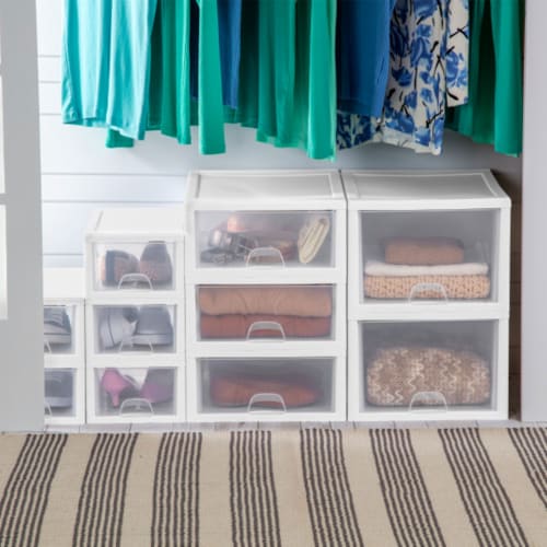 Sterilite 27 Quart Clear & White Plastic Storage Bin with One Drawer, 8 Pack Perspective: left