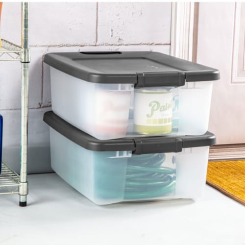 Sterilite 25 Quart Shelf Tote with Flat Gray Lid and Platinum Latches (12 Pack) Perspective: left