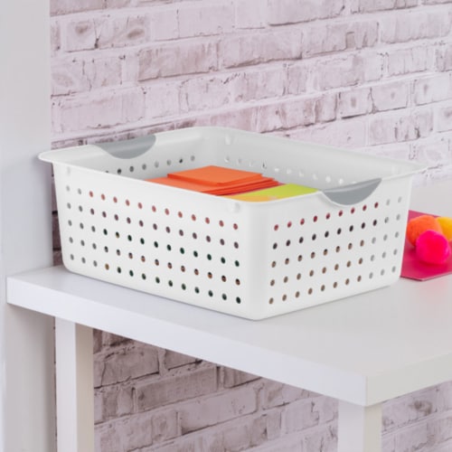 Sterilite Large Ultra Plastic Storage Bin Baskets with Handles, White, 12 Pack Perspective: left
