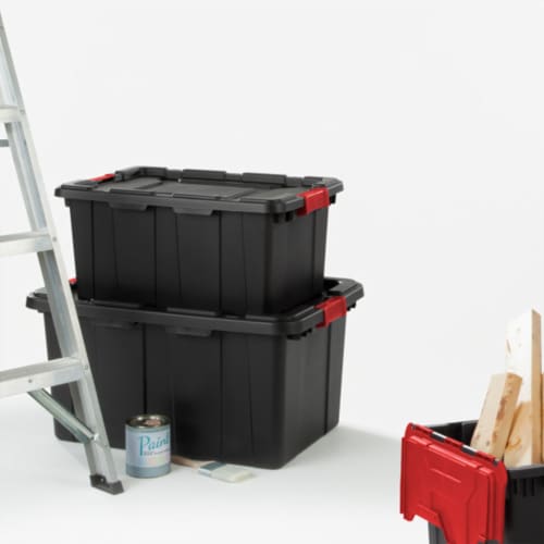 Sterilite 27 Gallon Durable Rugged Industrial Tote w/Red Latches, Black (8 Pack) Perspective: left