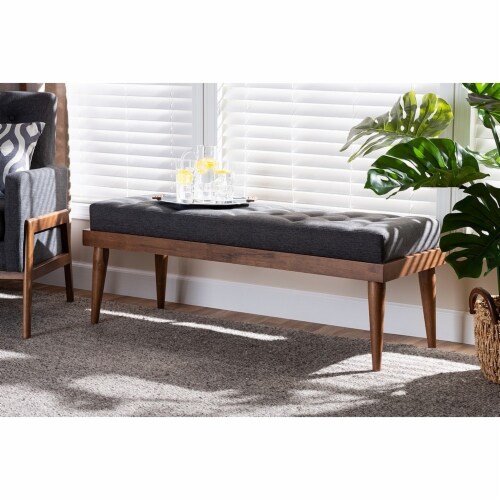 Baxton Studio Linus Modern Dark Grey Fabric Upholstered and Button Tufted Wood Bench Perspective: left