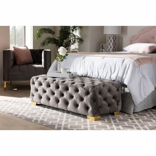 Baxton Studio Avara Modern Tufted Velvet Ottoman in Gray and Gold Perspective: left