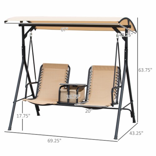 2 Person Outdoor Swing Chair for Porch, Patio, Storage, Tray, Cup Holders, Beige Perspective: left
