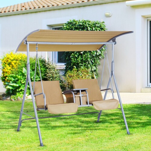 Outdoor Swing Chair Canopy Patio Garden Hanging 2 Person Yard Furniture Beige Perspective: left