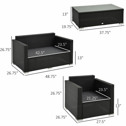 Outside Rattan Wicker Chair Loveseat Set for Patio w/ Glass Coffee Table, Black Perspective: left