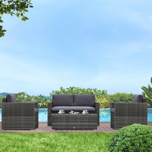 Outside Rattan Wicker Chair Loveseat Set for Patio w/ Glass Coffee Table, Grey Perspective: left