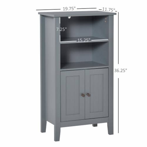 Freestanding Bathroom Linen Floor Cupboard with Multi-Tier Shelving and Tabletop Perspective: left