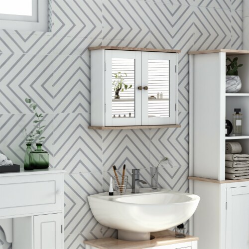 Wooden Wall Mount Storage Cupboard w/Adjustable Interior Shelving for Bathroom Perspective: left