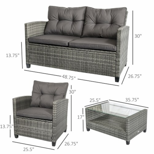 4-pc Outside Deck & Balcony Wicker Furniture Set w/ Seating & Coffee Table Grey Perspective: left